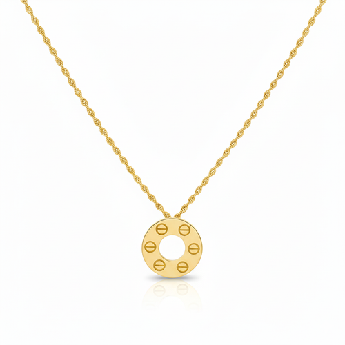 Gold necklace with a circular pendant on a white background