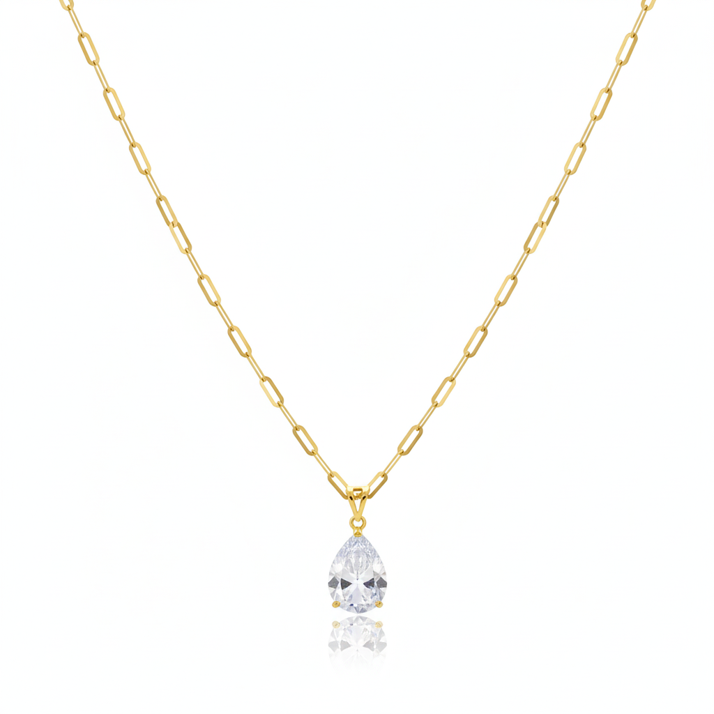 18k Real Gold Oval Stone Paper Clip Chain