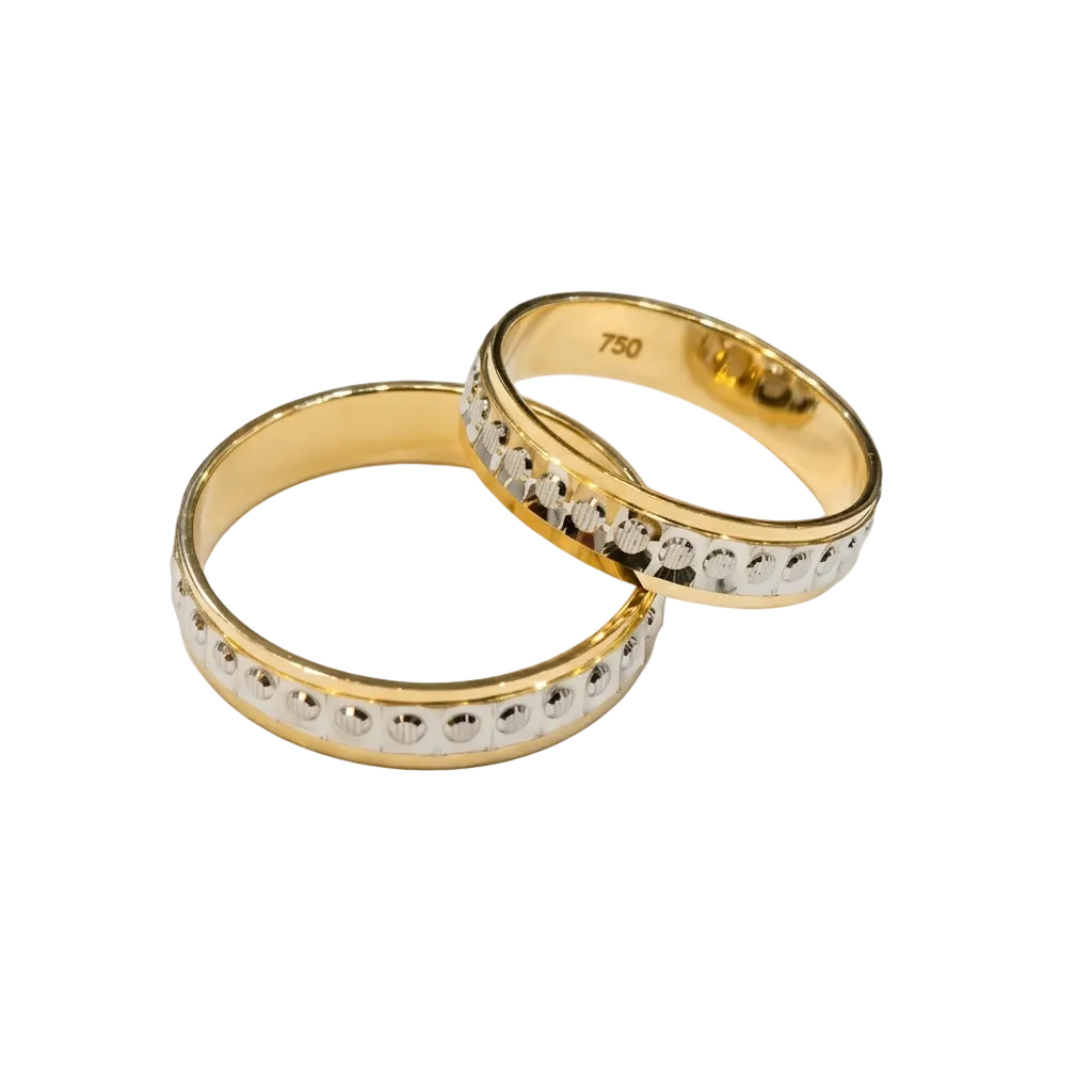 Two gold rings with diamond accents on a white background