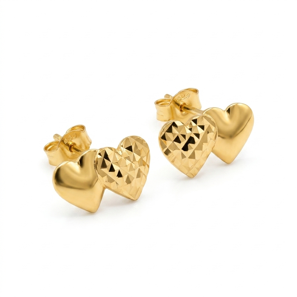 18k Gold Love Twin Heart Stud Earrings