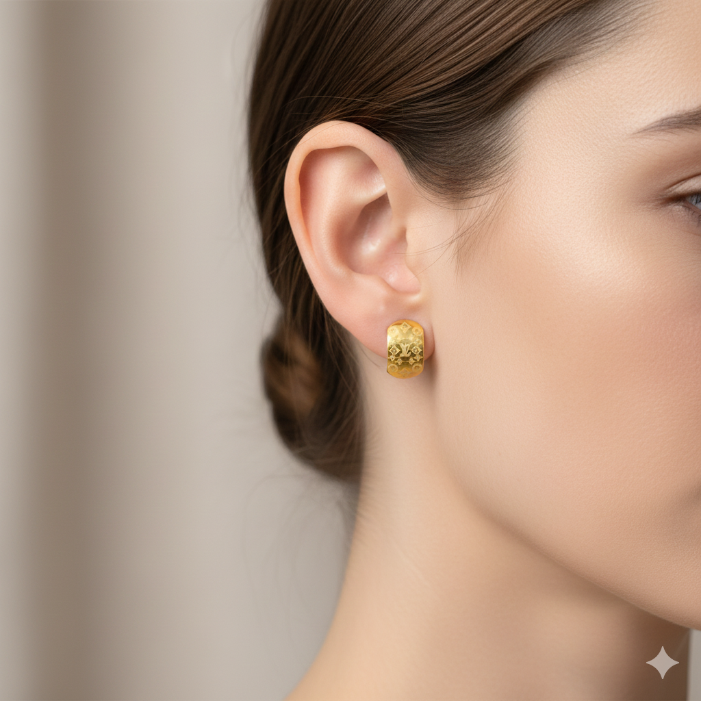 18K Real Gold Lv Texture Earrings