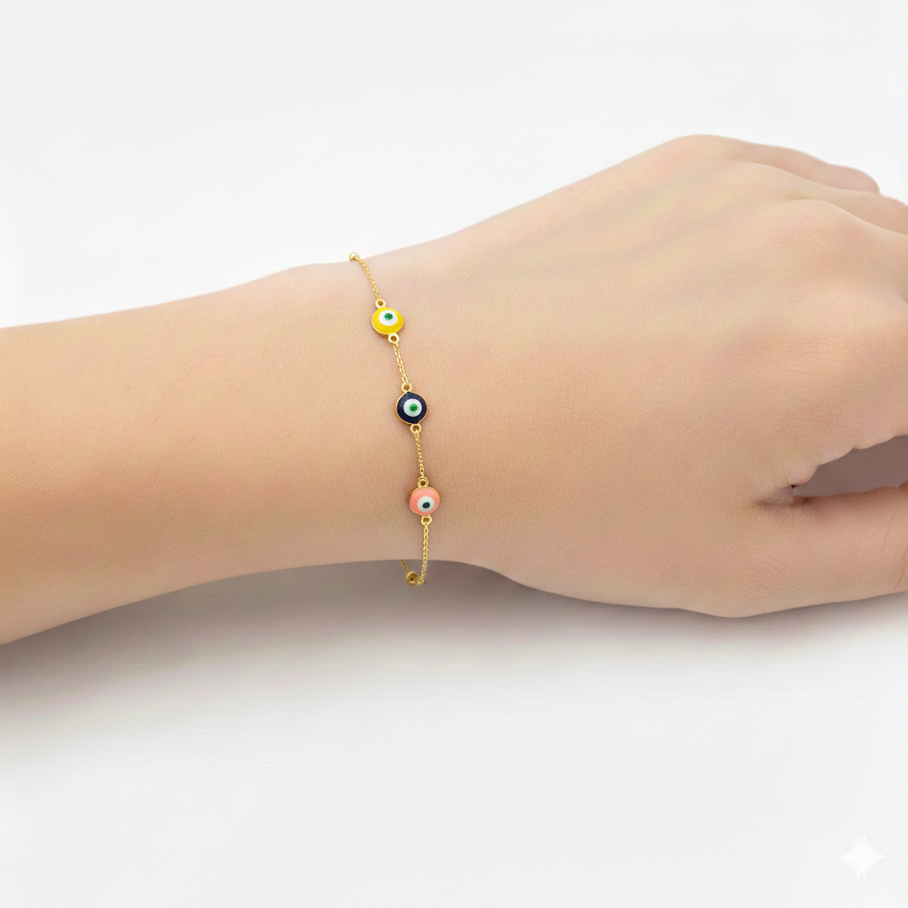 18K Real Gold 5 Evil Eye Pendant Bracelet