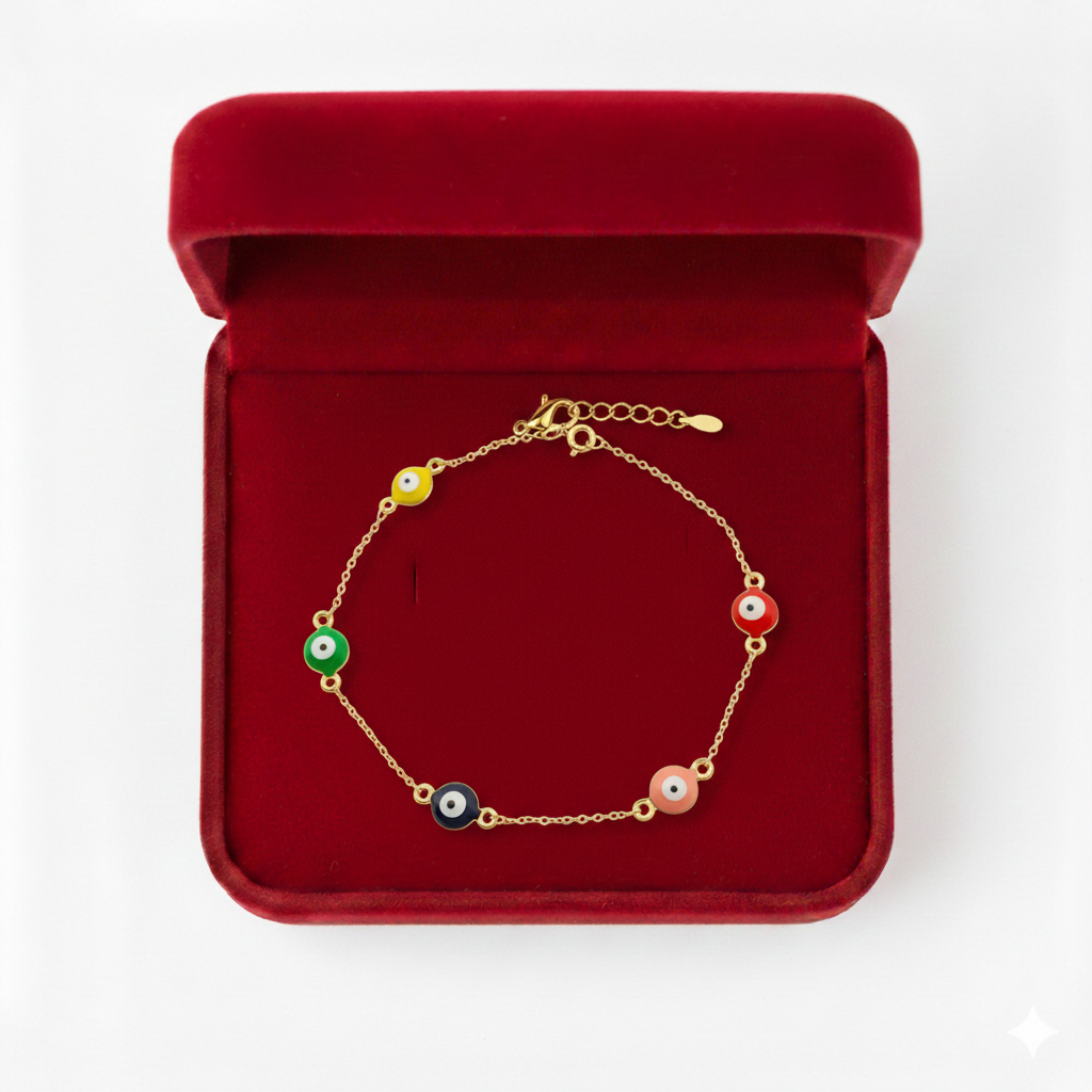 18K Real Gold 5 Evil Eye Pendant Bracelet