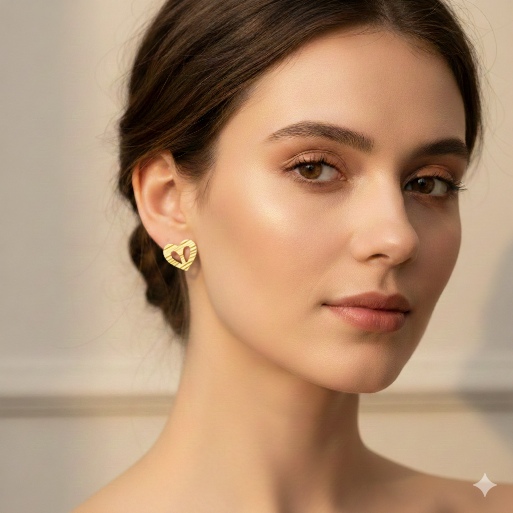 18K Real Gold Heart with Holes Earrings