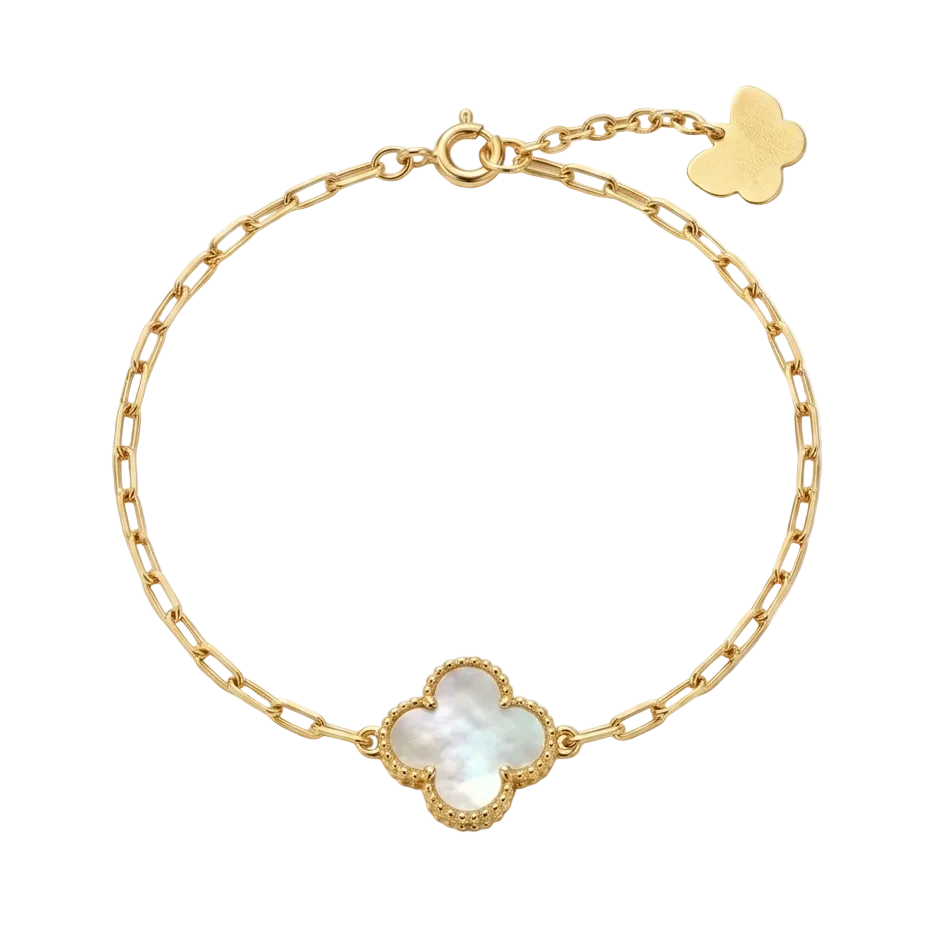 Gold bracelet with clover-shaped charms on a white background
