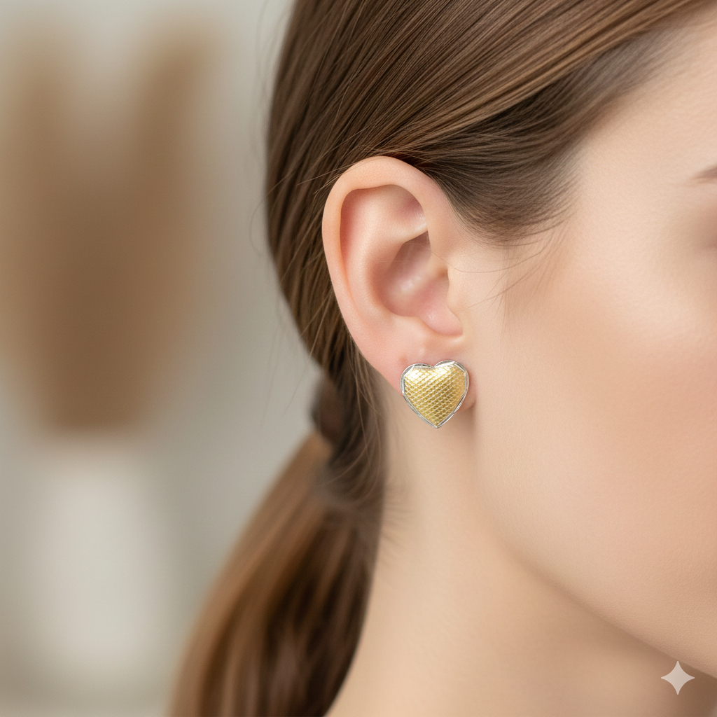 Woman wearing a heart-shaped gold stud earring, close-up jewelry detail