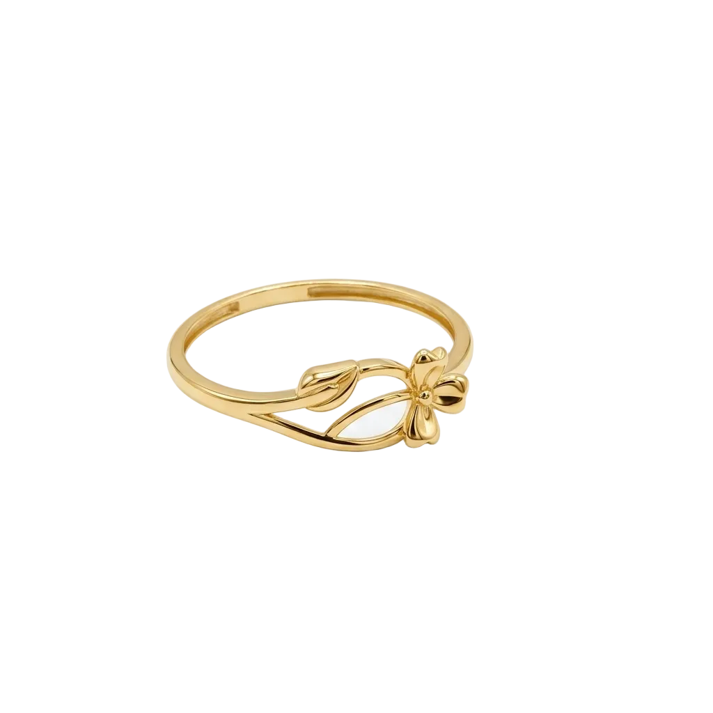 Gold ring with a bow design on a white background