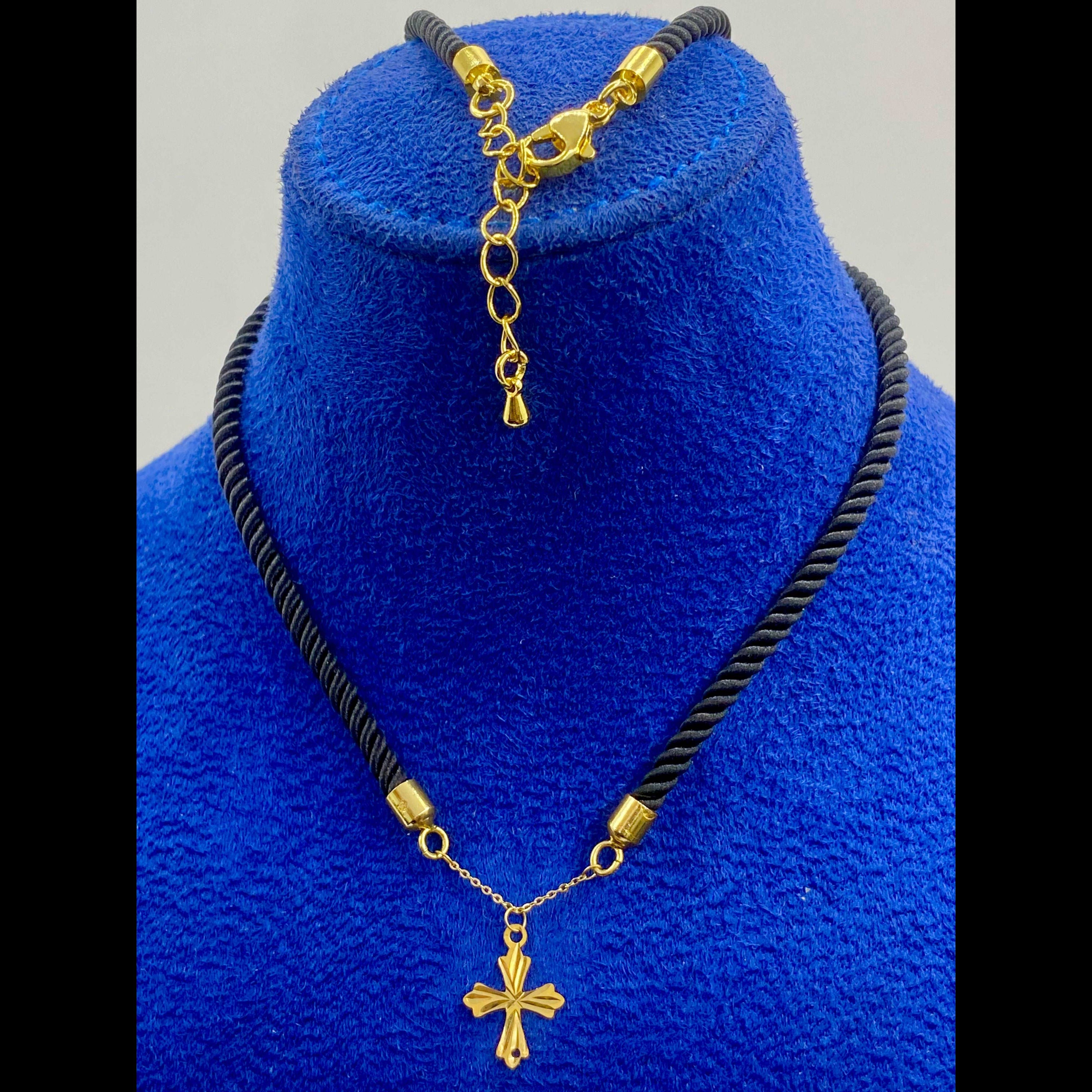 18K Gold Cross Pendant With Black Thread Adjustable Necklace - Embellish Gold