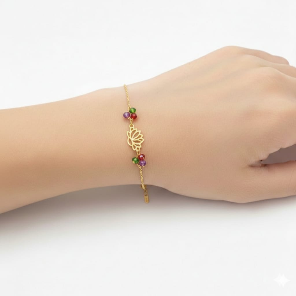 18K Real Gold Lotus Flower With Zircon Stone Bracelet