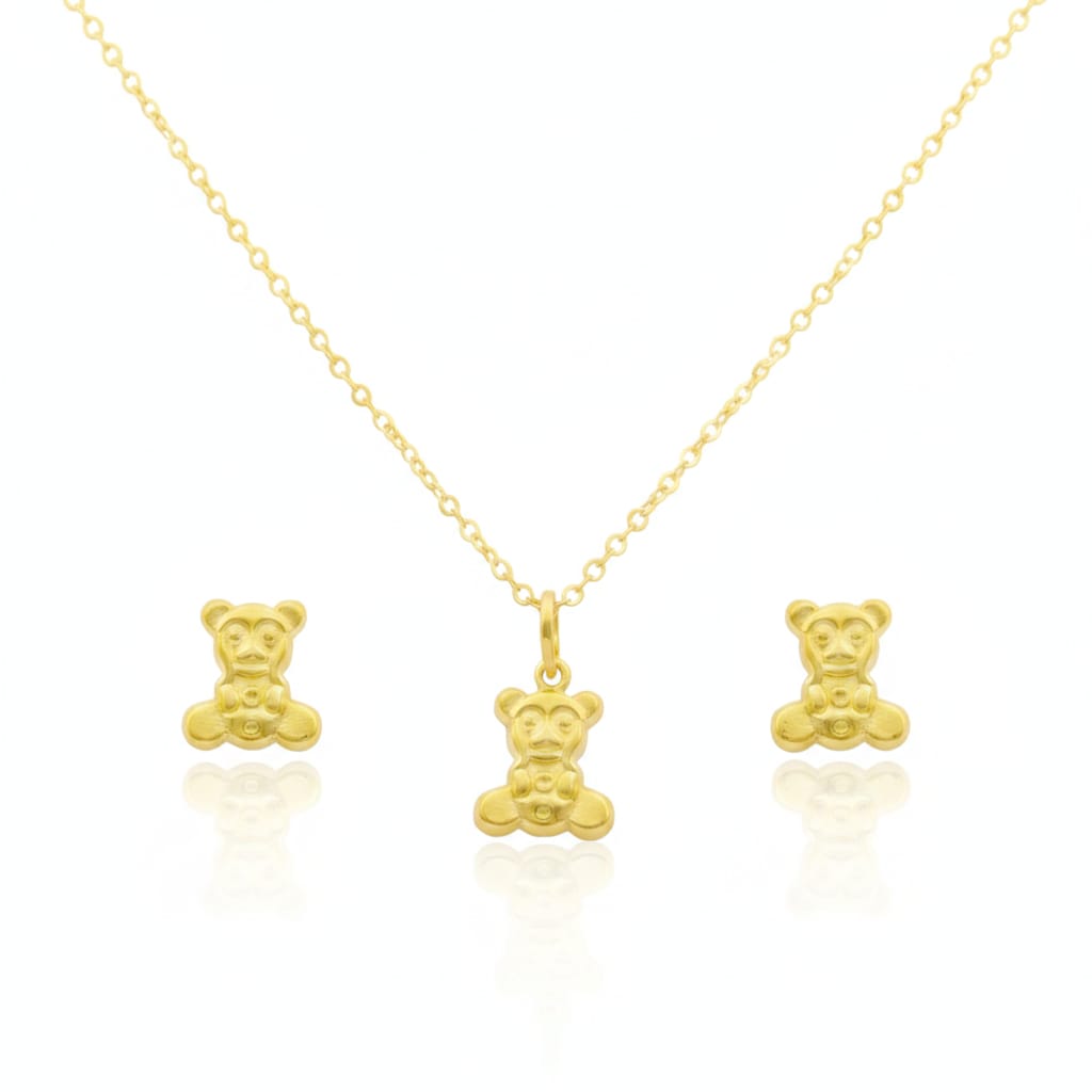 18K Real Gold Teddy Necklace And Earring Set