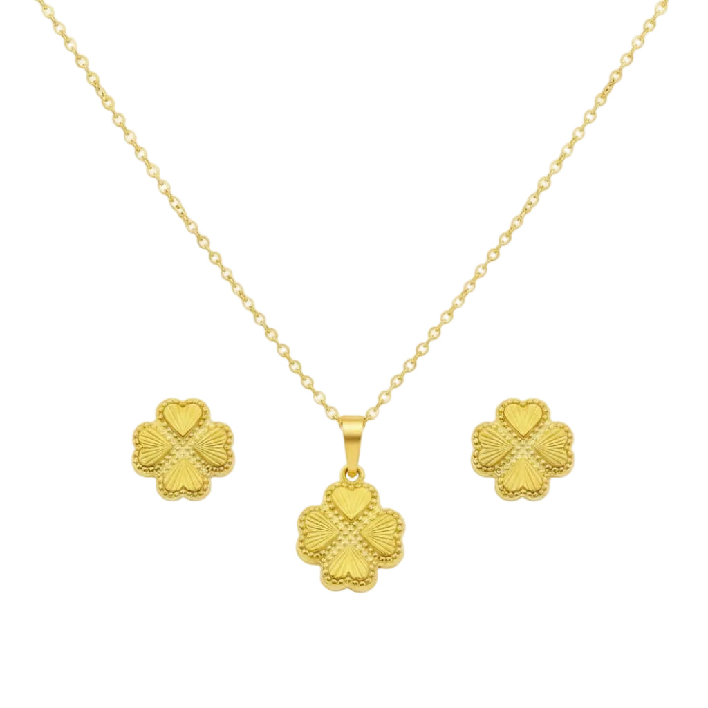 18K Real Gold Four Petals Necklace And Earring Set