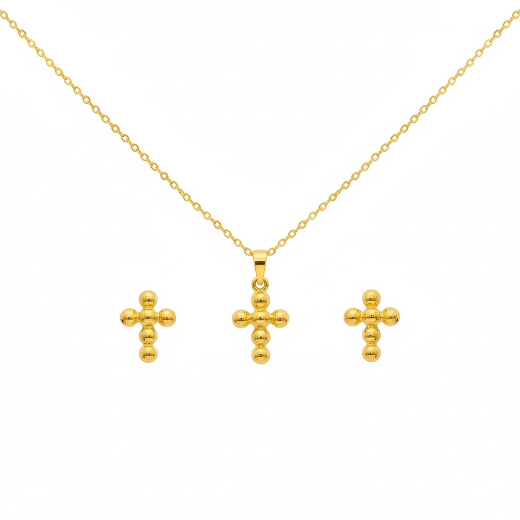 18k Gold Bubble Cross Jewelry Set