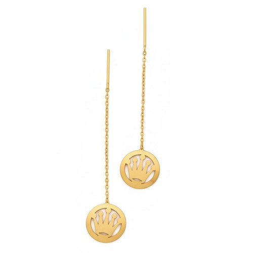 Gold earrings with circular designs on a white background
