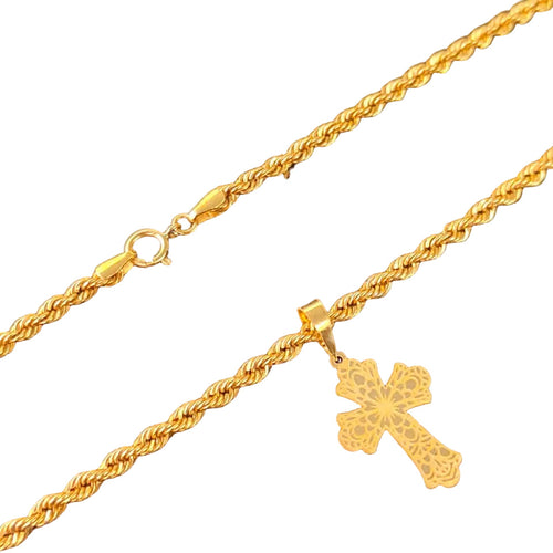 Gold chain with a cross pendant on a black background