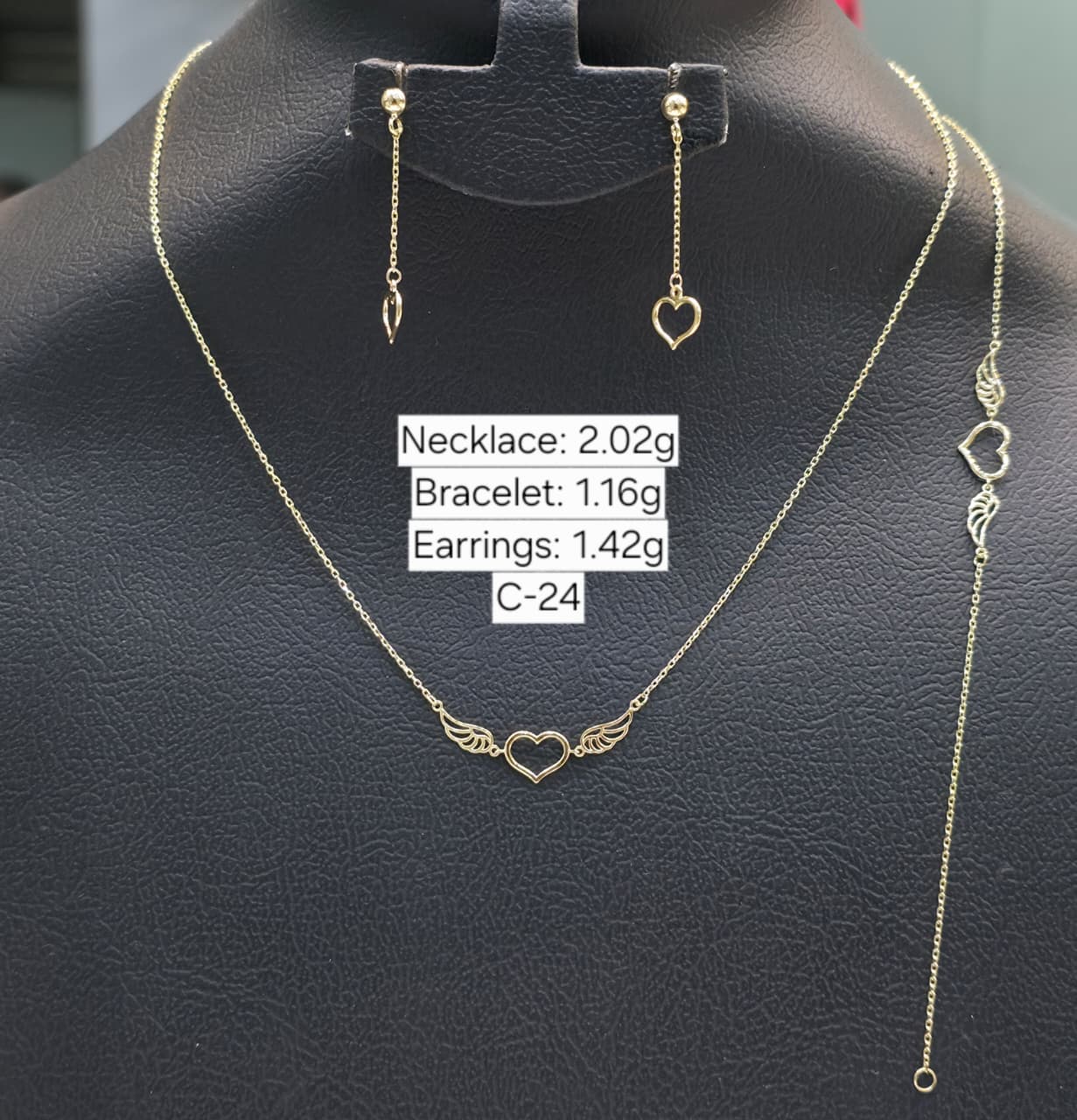 18k Gold Heart Feather Jewelry Set