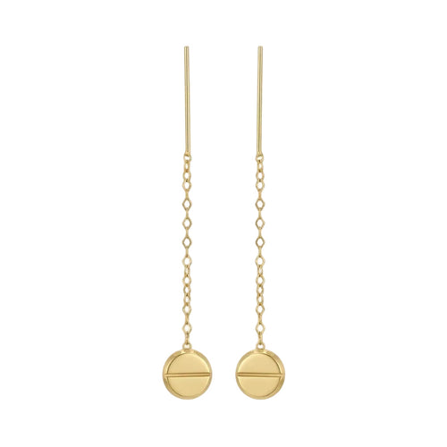 Gold earrings with round pendants on thin chains against a white background
