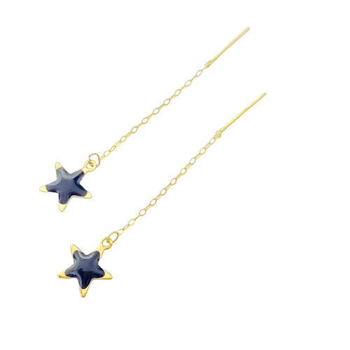 Gold threader earrings with navy star charms, delicate chain design, modern jewelry