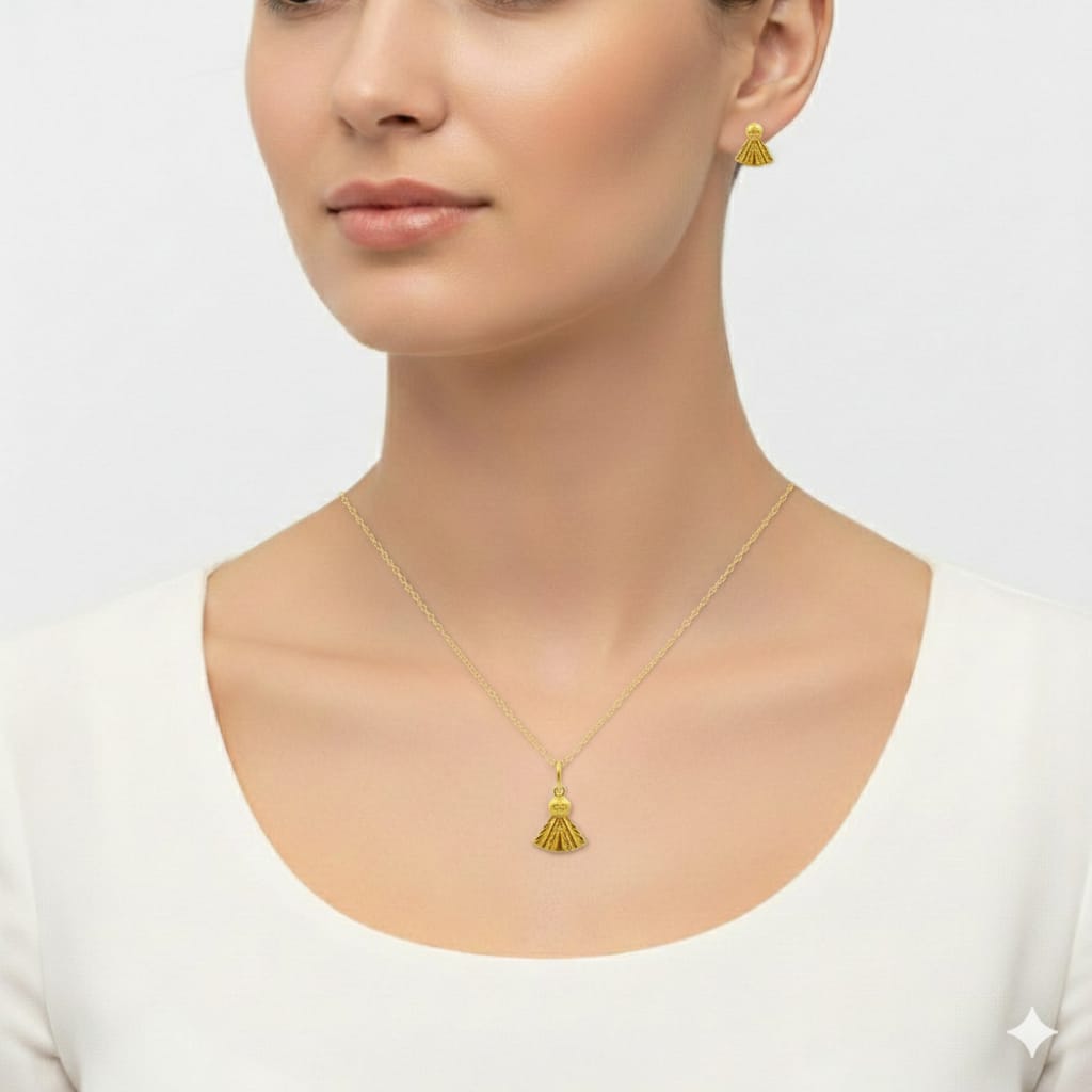 18K Real Gold Ribbon Necklace And Earring Set